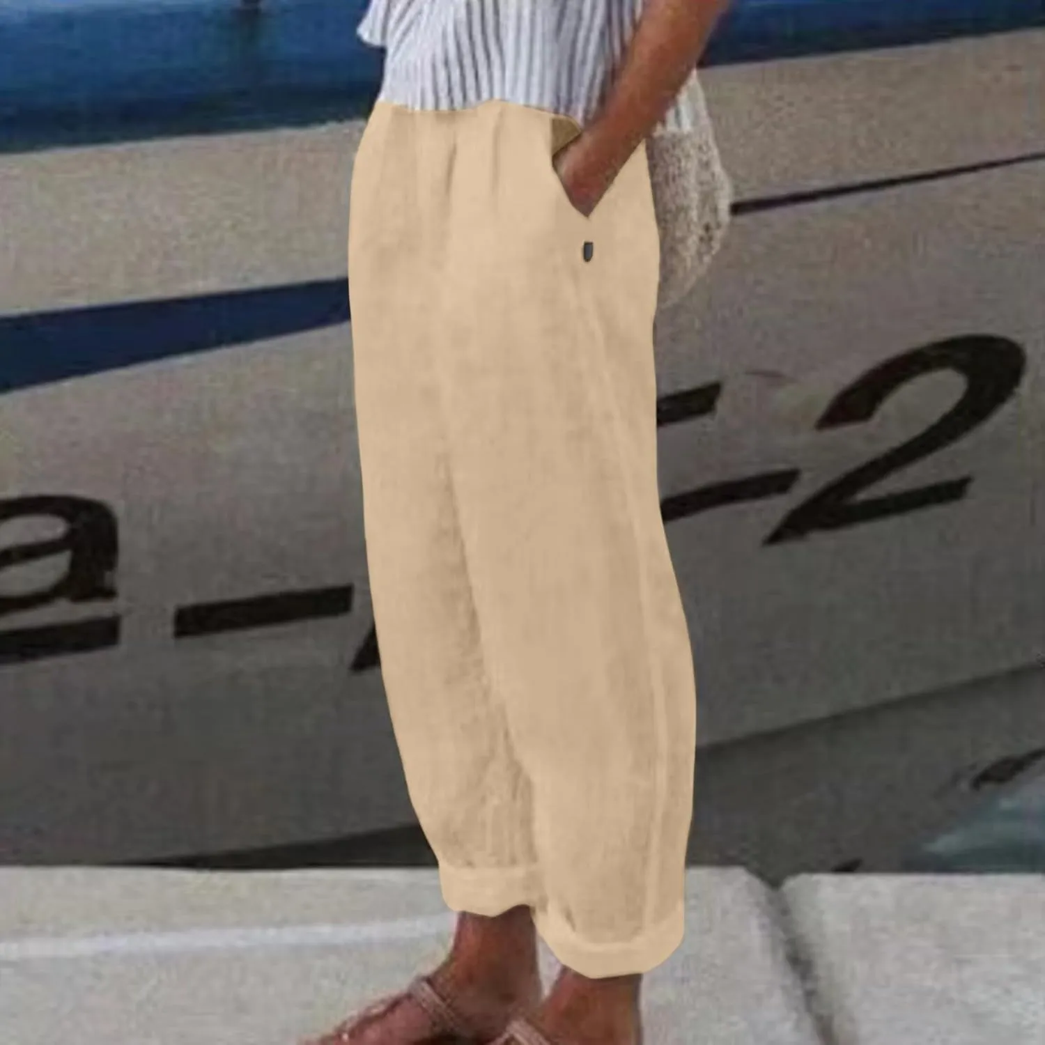 Linen Pants Women Lightweight High Waist Palazzo Trousers with Pockets Casual Solid Going Out Travel Beach Clothes