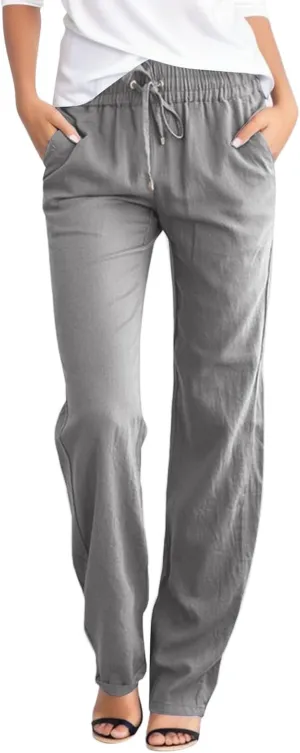 Linen Pants Women Straight Leg Drawstring Elastic High Waist Loose Comfy Trousers Summer Beach Pant with Pockets