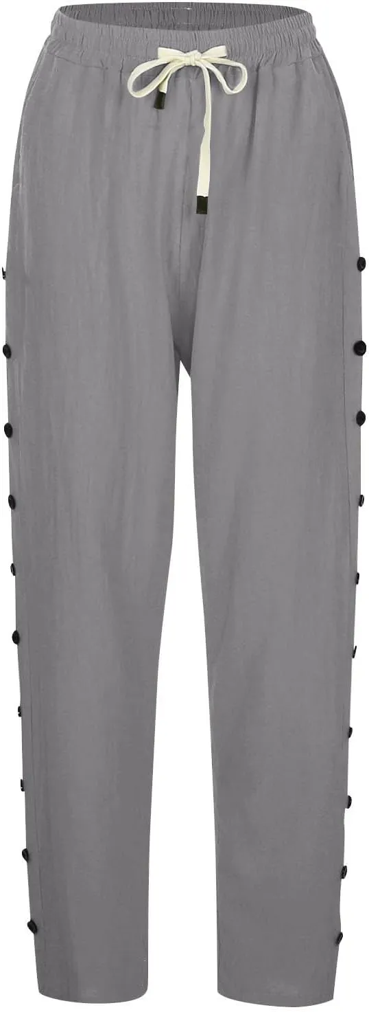 Linen Pants Women Summer Elastic Waist Pants Straight Leg Pants Lounge Beach Trousers with Pockets
