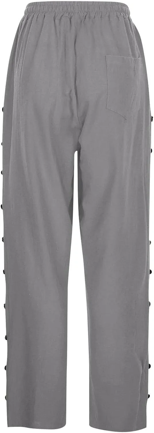 Linen Pants Women Summer Elastic Waist Pants Straight Leg Pants Lounge Beach Trousers with Pockets
