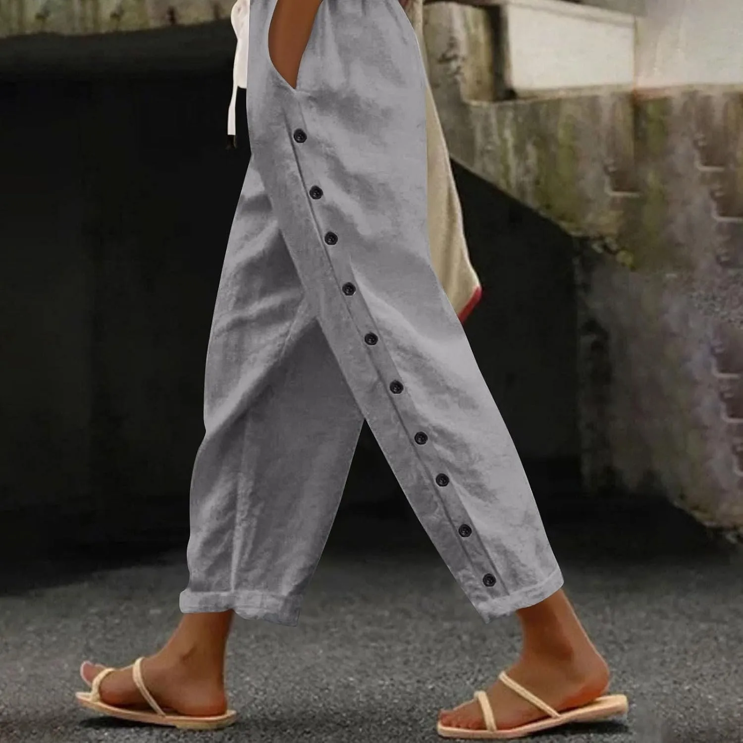 Linen Pants Women Summer Elastic Waist Pants Straight Leg Pants Lounge Beach Trousers with Pockets
