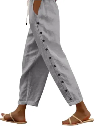 Linen Pants Women Summer Elastic Waist Pants Straight Leg Pants Lounge Beach Trousers with Pockets