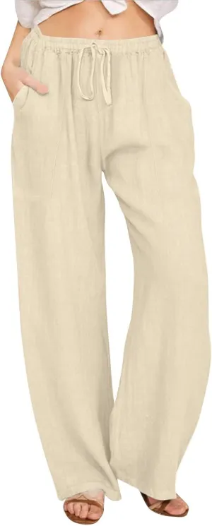 Linen Pants Women Summer High Waisted Pants Wide Leg Lounge Pants Beach Trouser Pants with Pockets