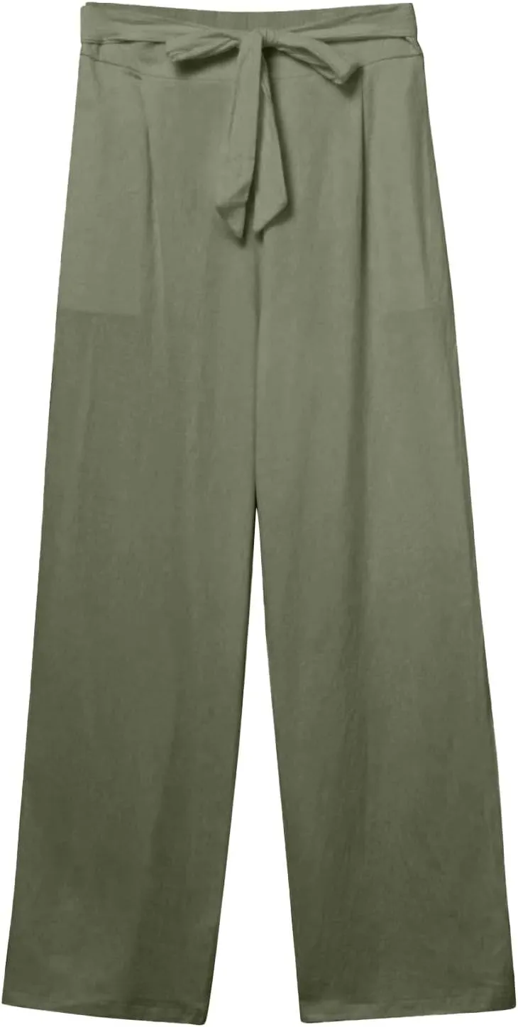 Linen Pants Women Summer Straight Leg High Waisted Work Pants with Pockets Plus Size Elastic Waist Pants Trousers