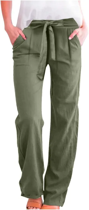 Linen Pants Women Summer Straight Leg High Waisted Work Pants with Pockets Plus Size Elastic Waist Pants Trousers