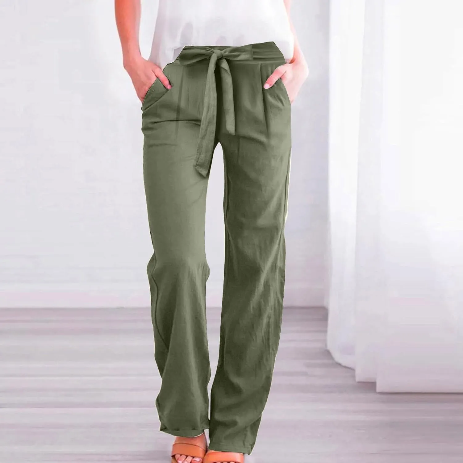 Linen Pants Women Summer Straight Leg High Waisted Work Pants with Pockets Plus Size Elastic Waist Pants Trousers