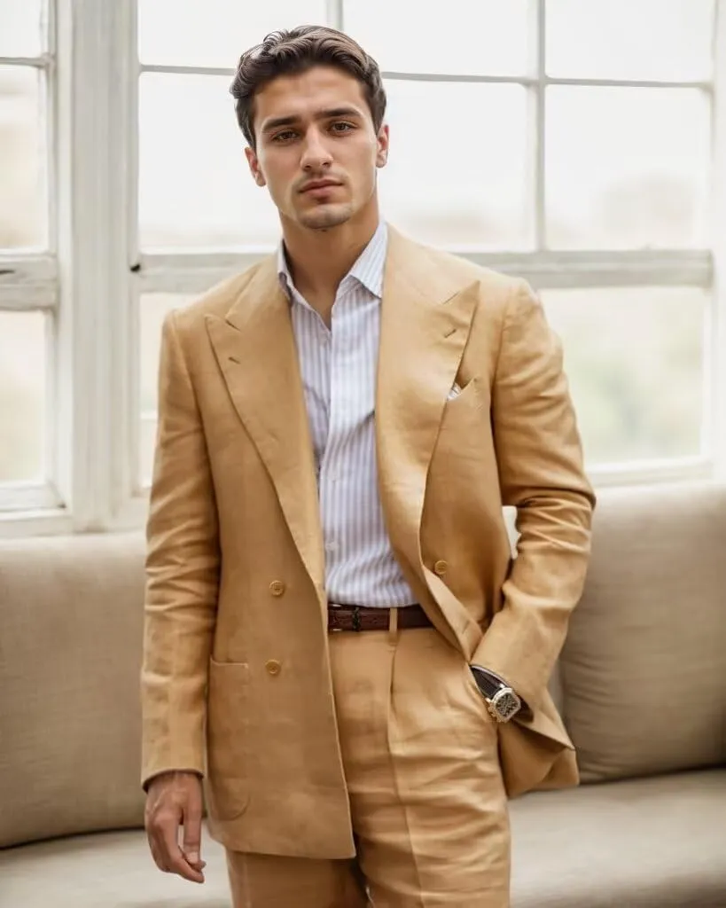 Linen Suits for Men Wedding Double Breasted Suit Men Regular Fit Tuxedos 2 Piece Light Weight Blazer Pants for Beach