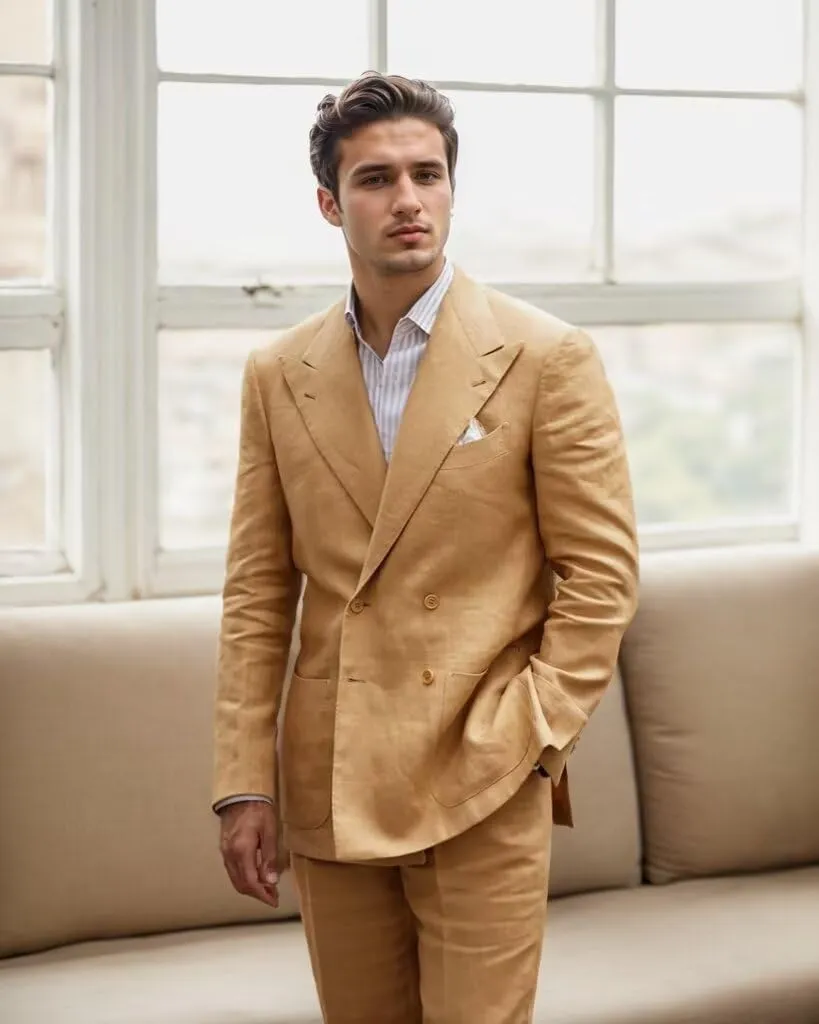 Linen Suits for Men Wedding Double Breasted Suit Men Regular Fit Tuxedos 2 Piece Light Weight Blazer Pants for Beach