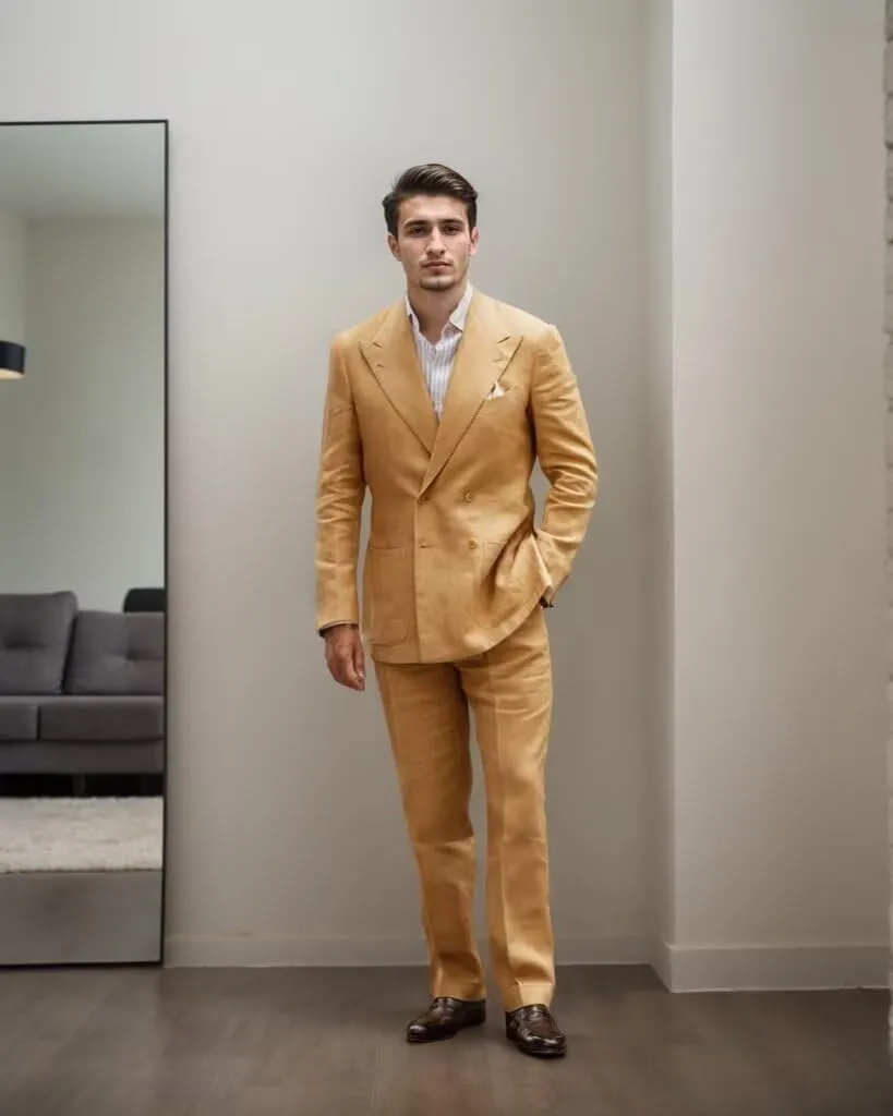 Linen Suits for Men Wedding Double Breasted Suit Men Regular Fit Tuxedos 2 Piece Light Weight Blazer Pants for Beach
