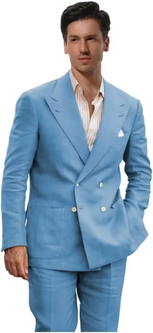 Linen Suits for Men Wedding Double Breasted Suit Men Regular Fit Tuxedos 2 Piece Light Weight Blazer Pants for Beach