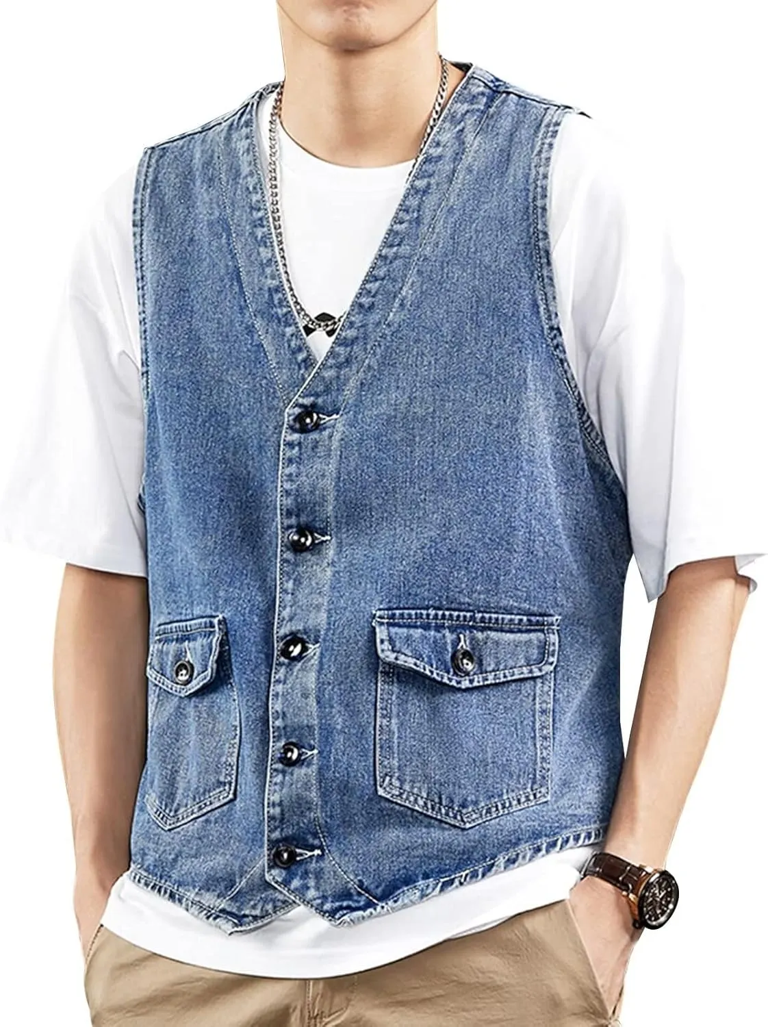 LONGBIDA Men's Denim Vest Casual Slim Fit Sleeveless Jacket Outdoor Jean Vests
