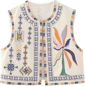 Lordree Women Retro Embroidered Floral Vest Tops Y2k Sleeveless Open Front Crop Vest Vintage Fashion Floral Sleeveless Blazer