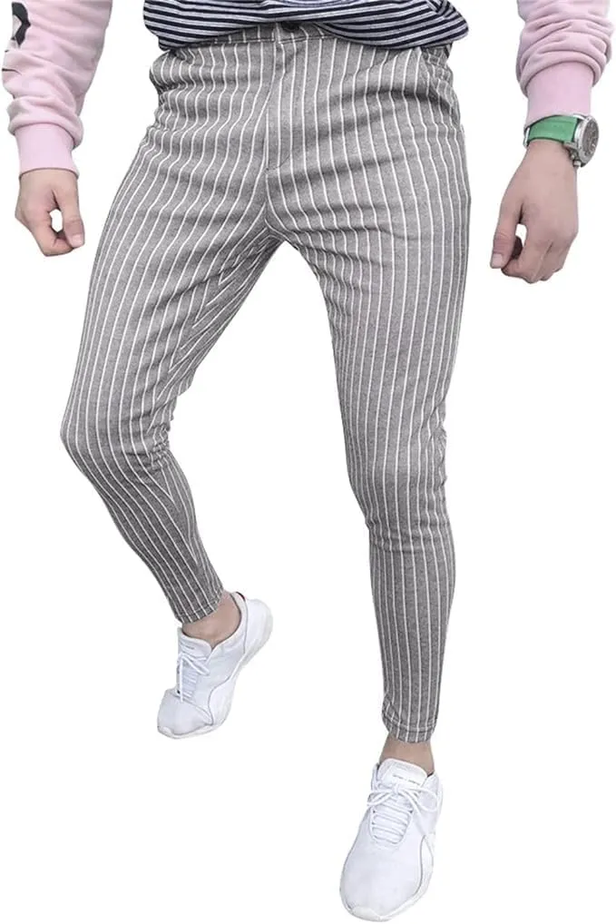 Maiyifu-GJ Mens Striped Dress Pants Slim Fit Skinny Stretch Pinstripe Formal Pants Casual Business Flat Front Chino Trousers