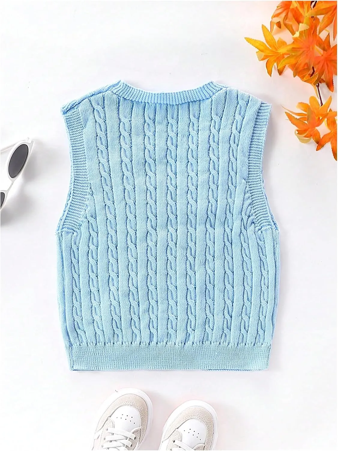 MakeMeChic Girl's Cable Knit Vest V Neck Sleeveless Crop Cute Sweater Vests