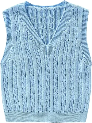 MakeMeChic Girl's Cable Knit Vest V Neck Sleeveless Crop Cute Sweater Vests