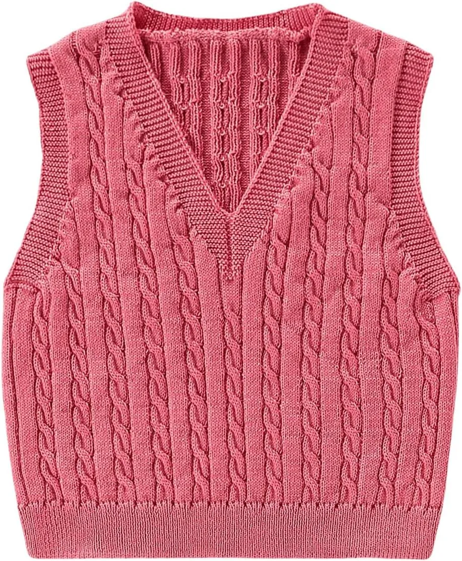 MakeMeChic Girl's Cable Knit Vest V Neck Sleeveless Crop Cute Sweater Vests
