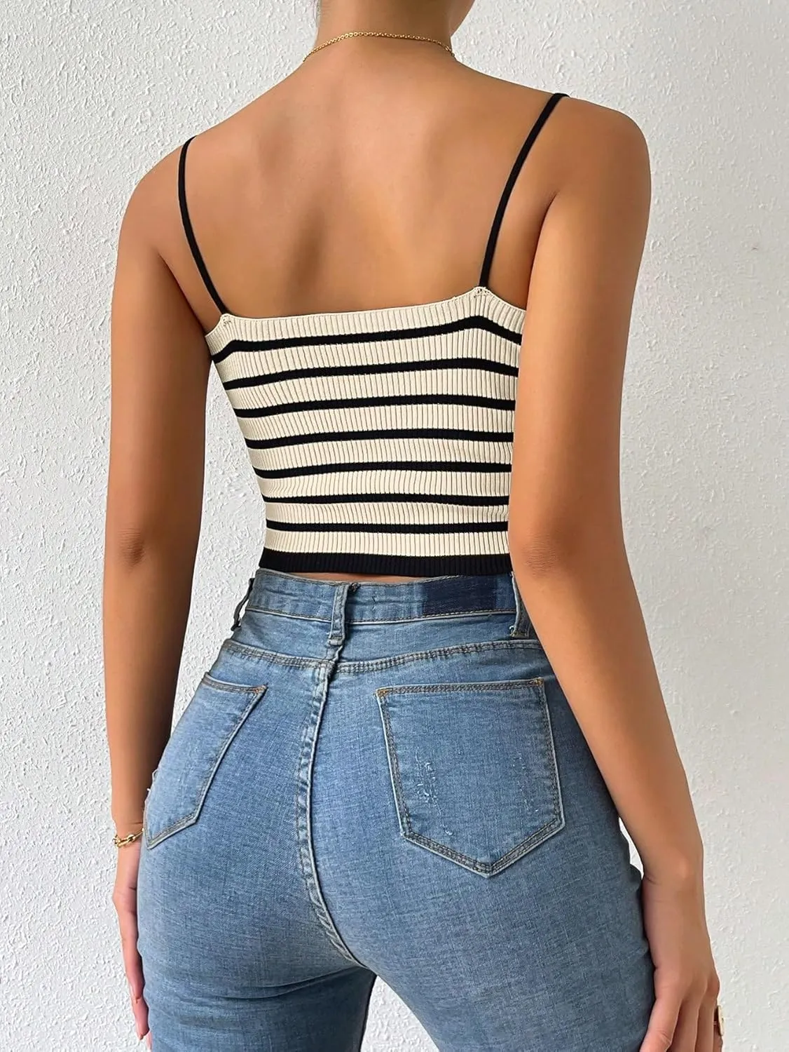 MakeMeChic Women's Ribbed Knit Striped Cami Top Sleeveless Square Neck Camisole Spaghetti Strap Crop Tops