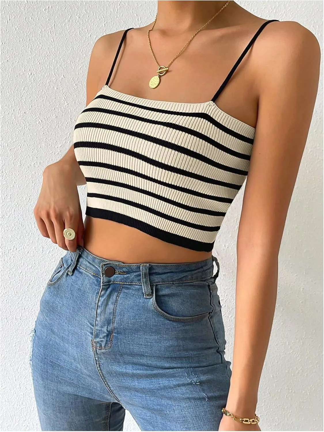 MakeMeChic Women's Ribbed Knit Striped Cami Top Sleeveless Square Neck Camisole Spaghetti Strap Crop Tops