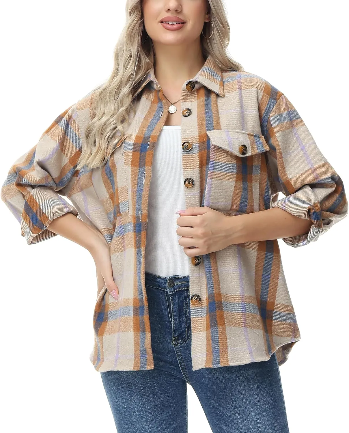 MCEDAR Women's Oversizes Plaid Shacket Jacket Casual Lapel Long Sleeve Button Down Plus Size Flannel Shirt (S-4X)
