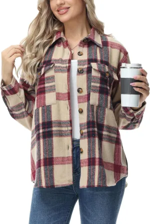MCEDAR Women's Oversizes Plaid Shacket Jacket Casual Lapel Long Sleeve Button Down Plus Size Flannel Shirt (S-4X)