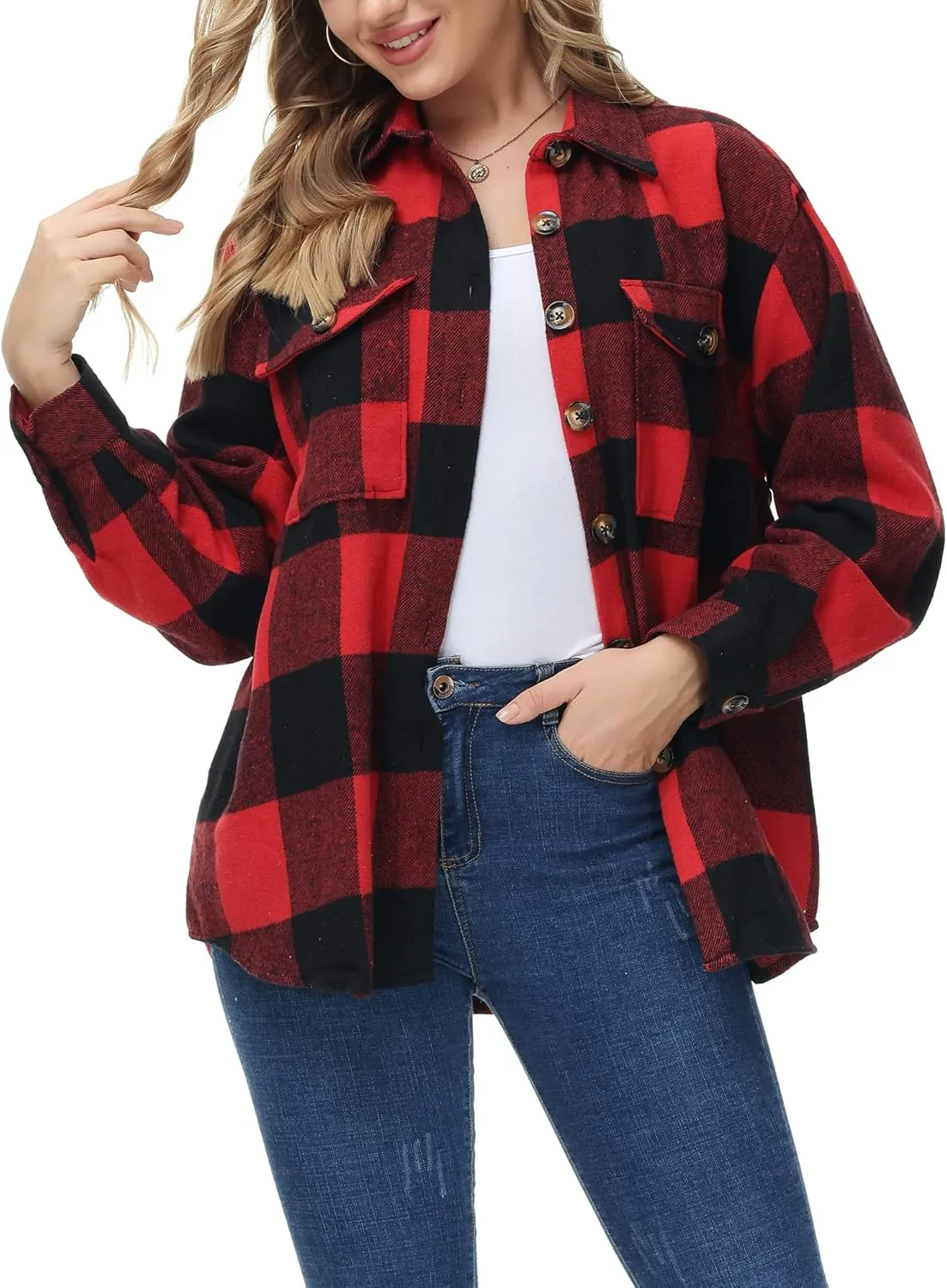 MCEDAR Women's Oversizes Plaid Shacket Jacket Casual Lapel Long Sleeve Button Down Plus Size Flannel Shirt (S-4X)