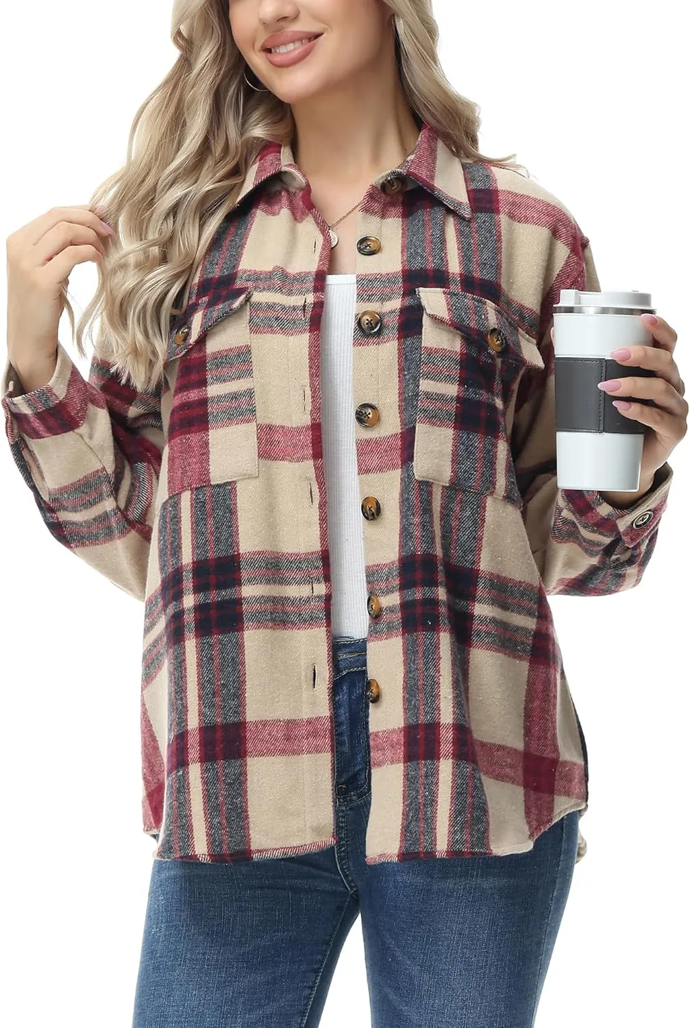 MCEDAR Women's Oversizes Plaid Shacket Jacket Casual Lapel Long Sleeve Button Down Plus Size Flannel Shirt (S-4X)