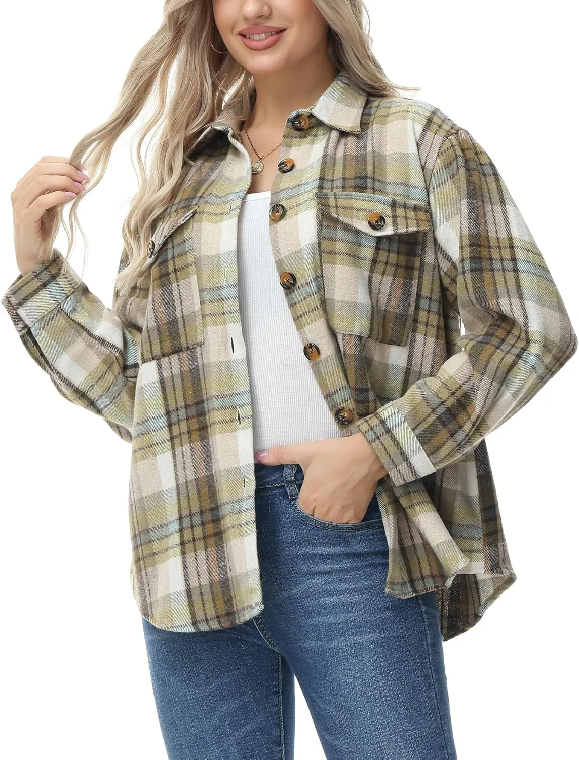 MCEDAR Women's Oversizes Plaid Shacket Jacket Casual Lapel Long Sleeve Button Down Plus Size Flannel Shirt (S-4X)