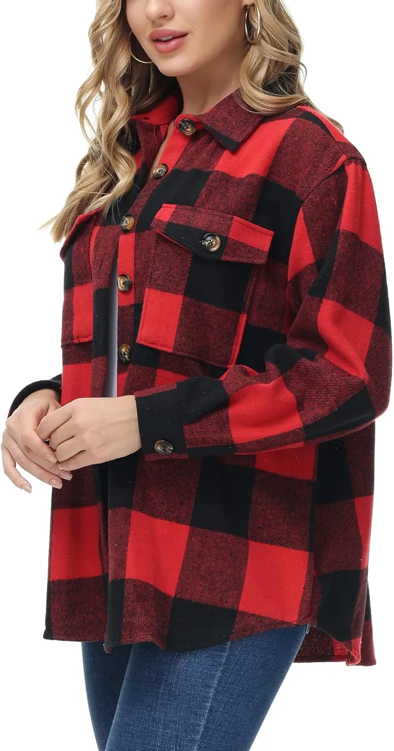 MCEDAR Women's Oversizes Plaid Shacket Jacket Casual Lapel Long Sleeve Button Down Plus Size Flannel Shirt (S-4X)