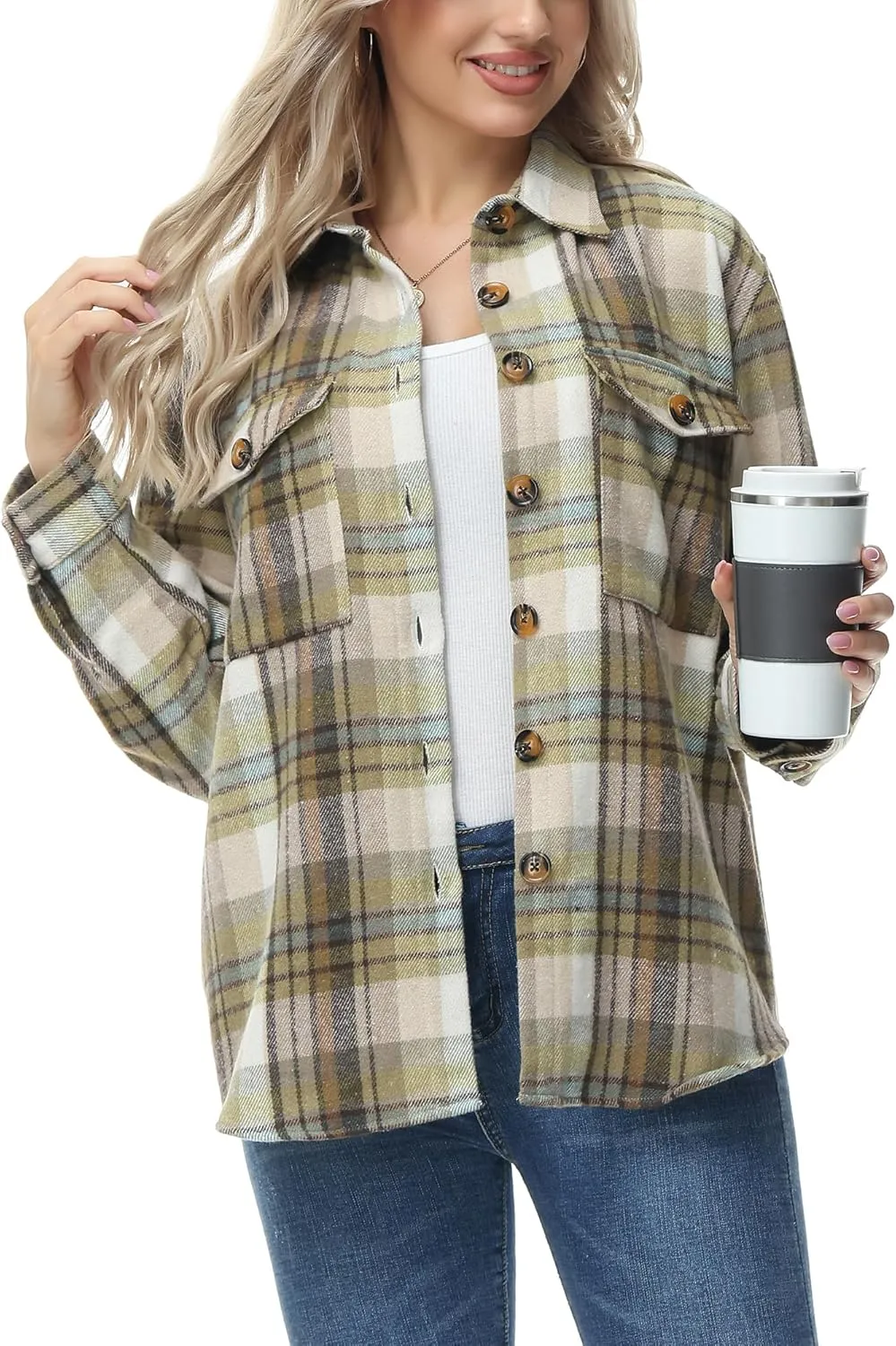 MCEDAR Women's Oversizes Plaid Shacket Jacket Casual Lapel Long Sleeve Button Down Plus Size Flannel Shirt (S-4X)