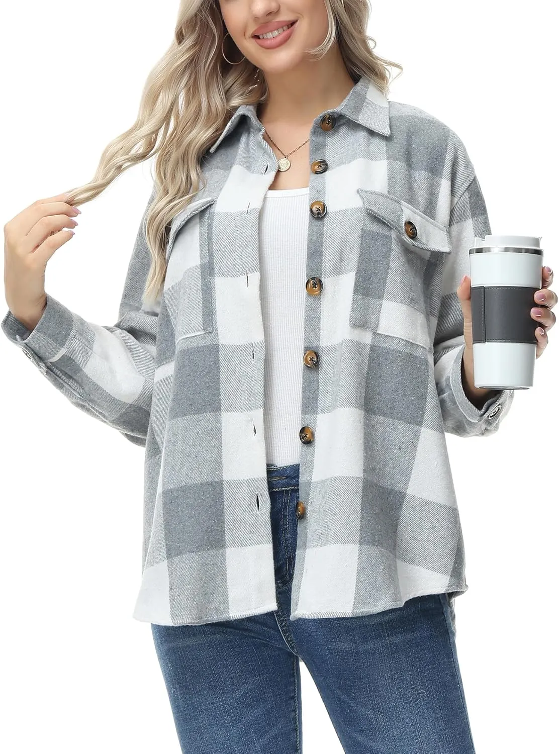 MCEDAR Women's Oversizes Plaid Shacket Jacket Casual Lapel Long Sleeve Button Down Plus Size Flannel Shirt (S-4X)