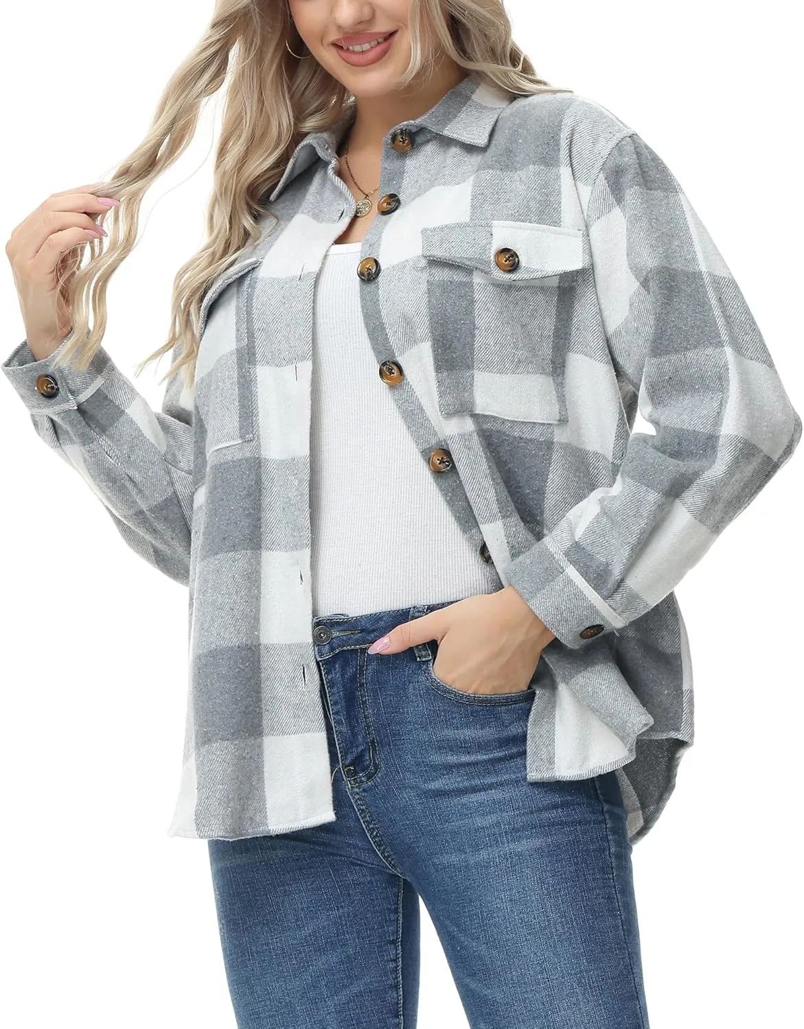 MCEDAR Women's Oversizes Plaid Shacket Jacket Casual Lapel Long Sleeve Button Down Plus Size Flannel Shirt (S-4X)