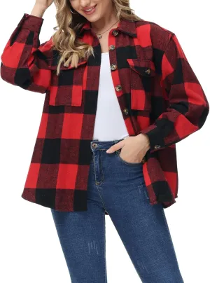 MCEDAR Women's Oversizes Plaid Shacket Jacket Casual Lapel Long Sleeve Button Down Plus Size Flannel Shirt (S-4X)