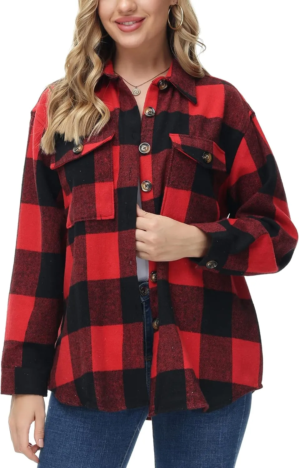 MCEDAR Women's Oversizes Plaid Shacket Jacket Casual Lapel Long Sleeve Button Down Plus Size Flannel Shirt (S-4X)