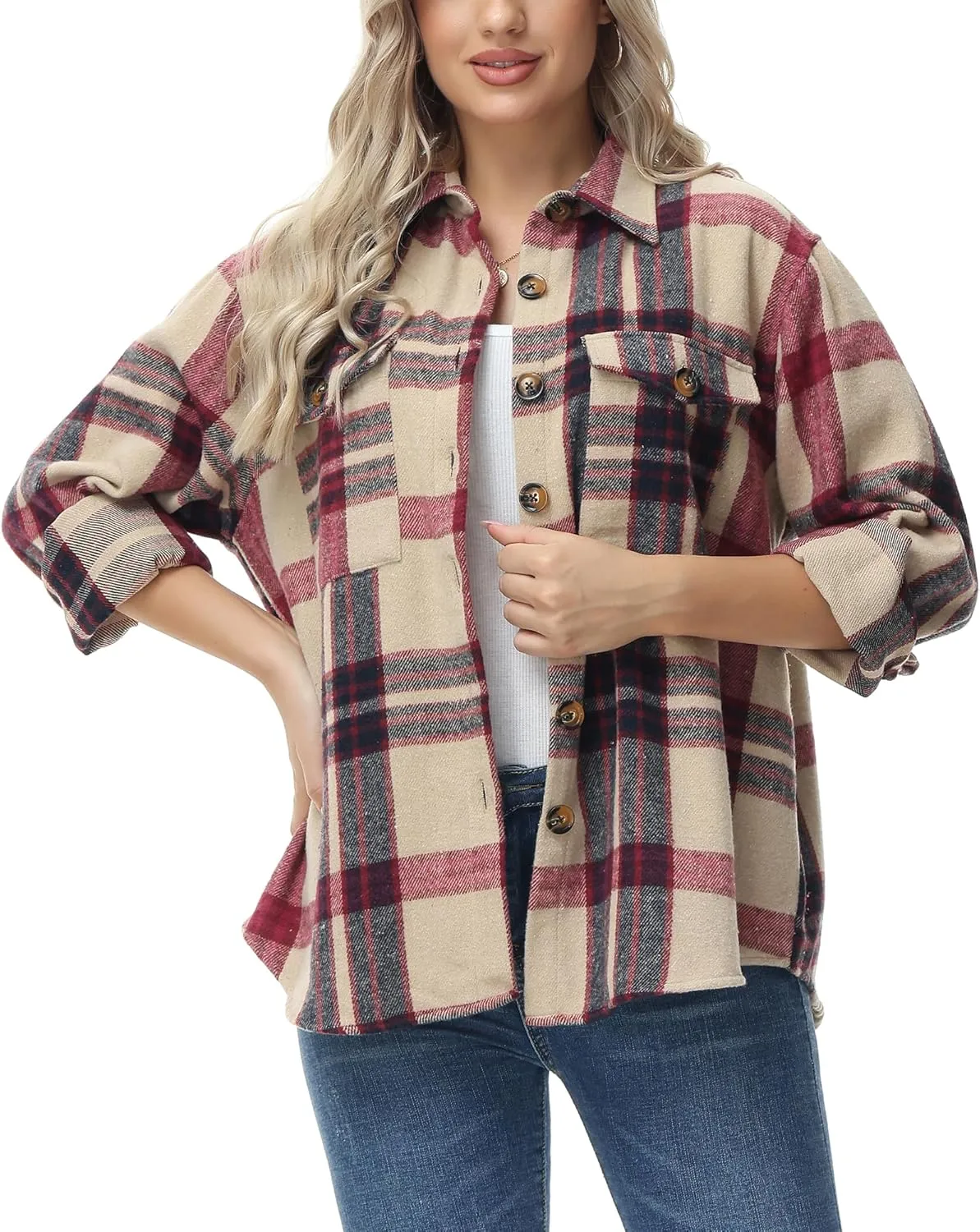 MCEDAR Women's Oversizes Plaid Shacket Jacket Casual Lapel Long Sleeve Button Down Plus Size Flannel Shirt (S-4X)
