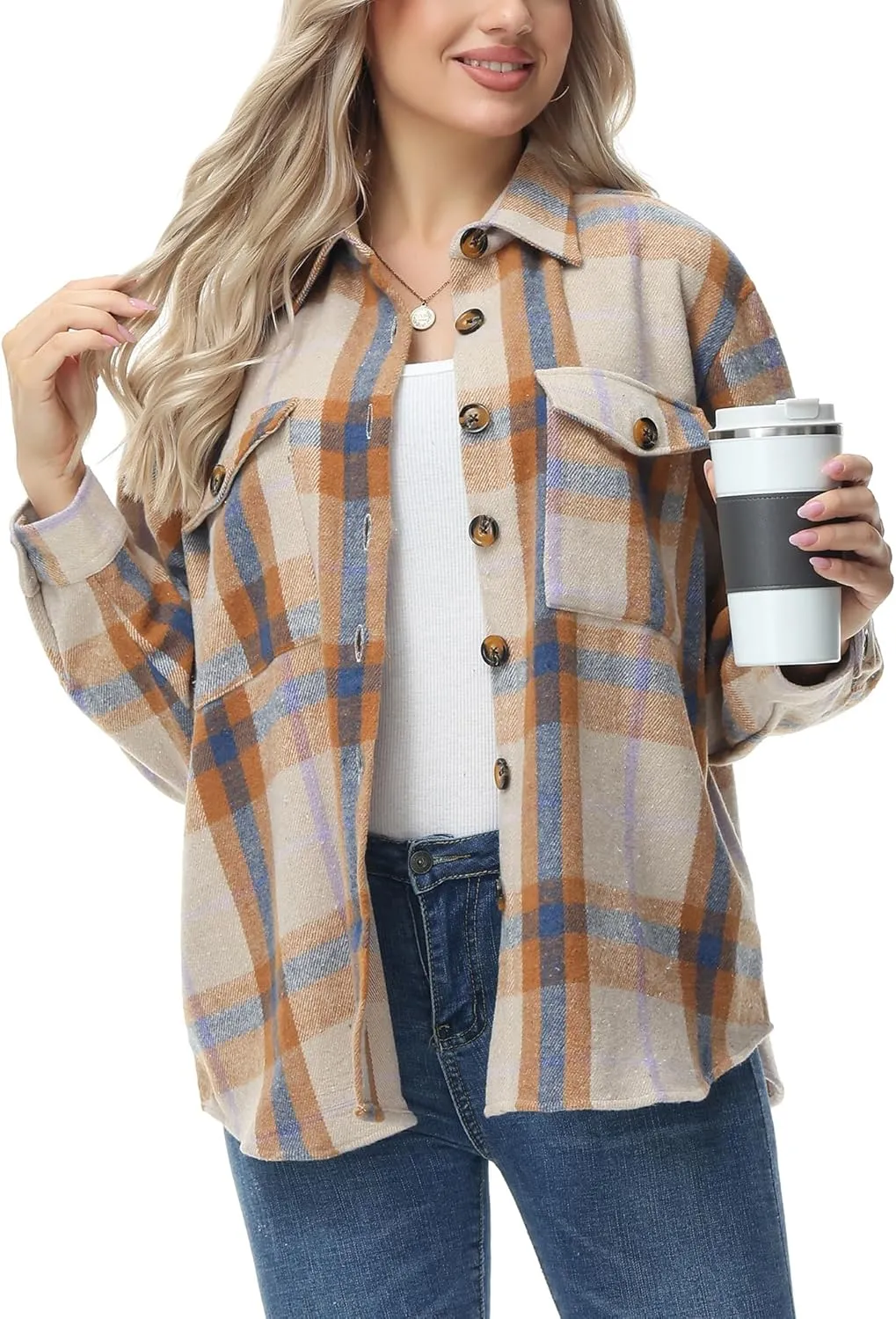 MCEDAR Women's Oversizes Plaid Shacket Jacket Casual Lapel Long Sleeve Button Down Plus Size Flannel Shirt (S-4X)