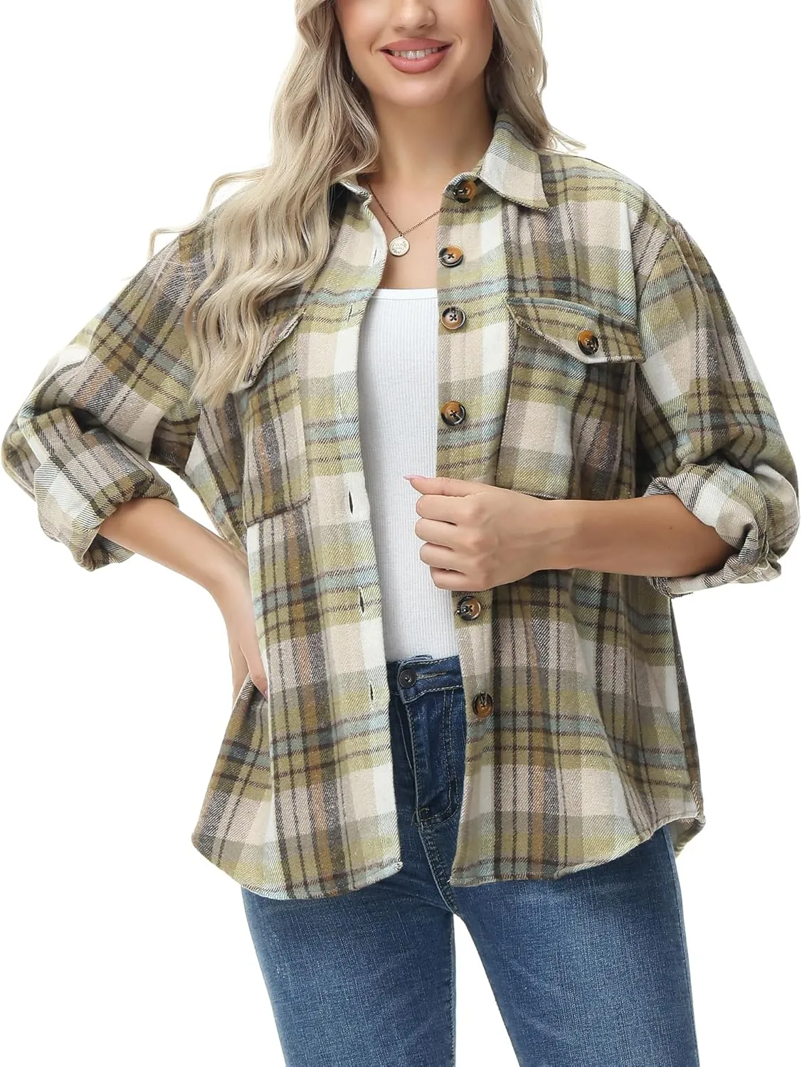 MCEDAR Women's Oversizes Plaid Shacket Jacket Casual Lapel Long Sleeve Button Down Plus Size Flannel Shirt (S-4X)