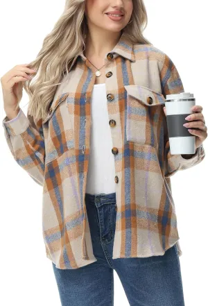 MCEDAR Women's Oversizes Plaid Shacket Jacket Casual Lapel Long Sleeve Button Down Plus Size Flannel Shirt (S-4X)