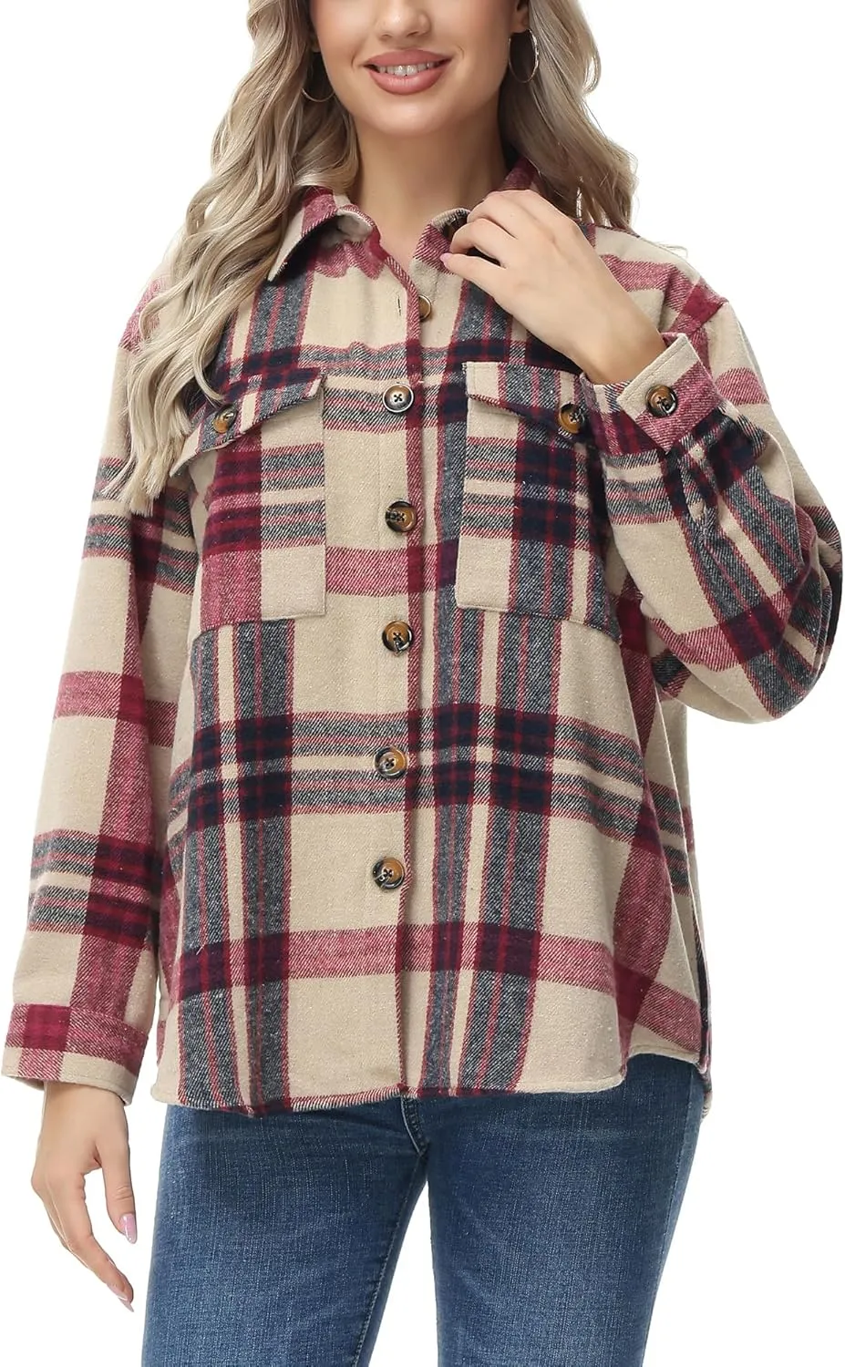 MCEDAR Women's Oversizes Plaid Shacket Jacket Casual Lapel Long Sleeve Button Down Plus Size Flannel Shirt (S-4X)