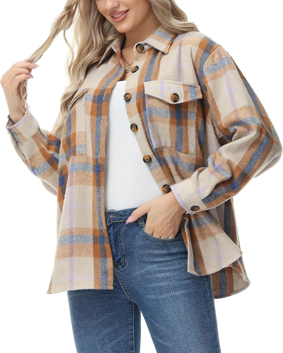 MCEDAR Women's Oversizes Plaid Shacket Jacket Casual Lapel Long Sleeve Button Down Plus Size Flannel Shirt (S-4X)