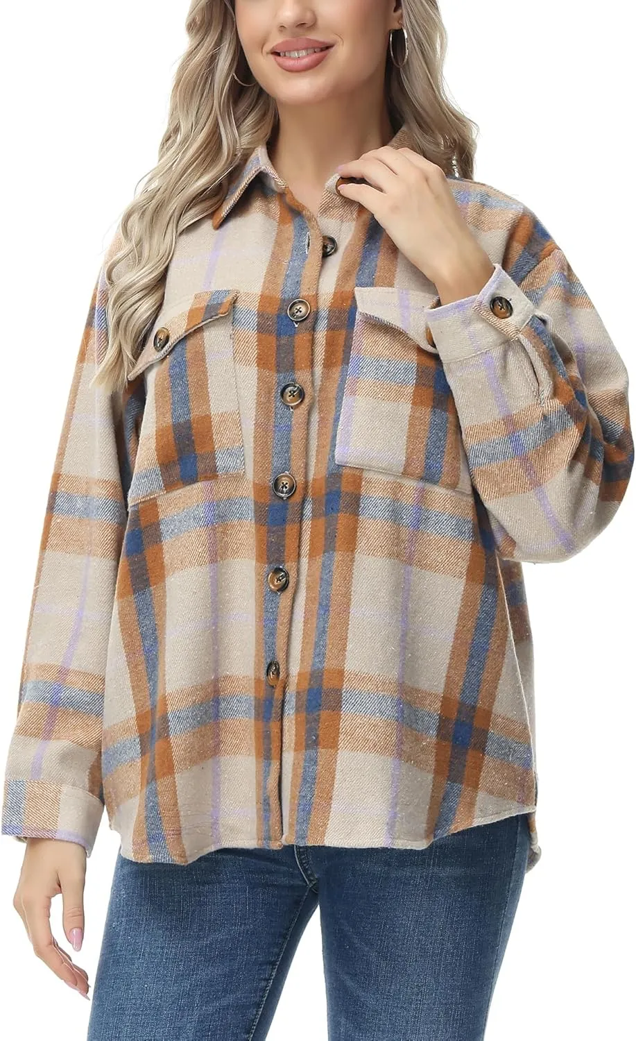 MCEDAR Women's Oversizes Plaid Shacket Jacket Casual Lapel Long Sleeve Button Down Plus Size Flannel Shirt (S-4X)