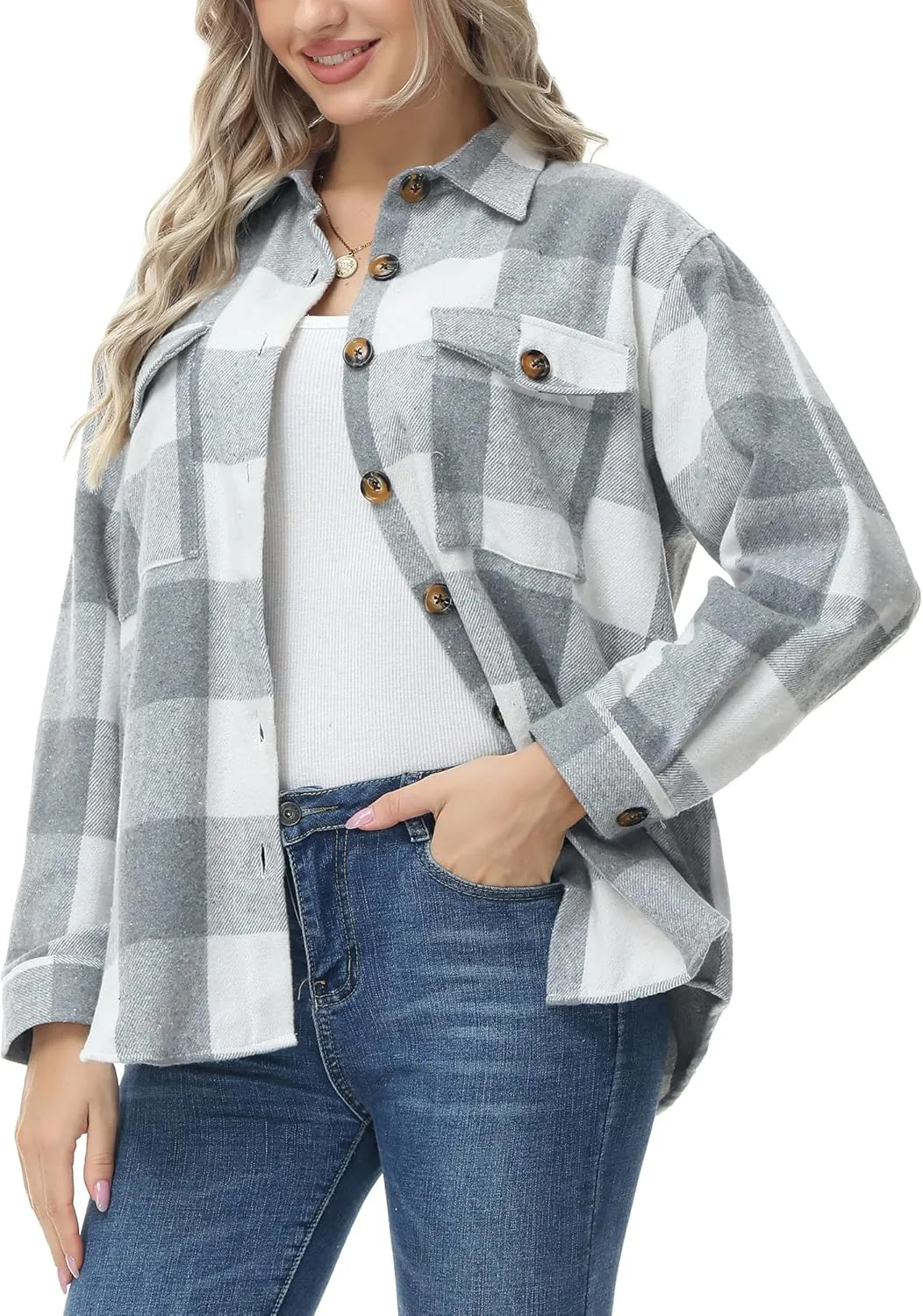 MCEDAR Women's Oversizes Plaid Shacket Jacket Casual Lapel Long Sleeve Button Down Plus Size Flannel Shirt (S-4X)