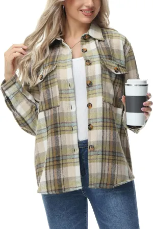 MCEDAR Women's Oversizes Plaid Shacket Jacket Casual Lapel Long Sleeve Button Down Plus Size Flannel Shirt (S-4X)