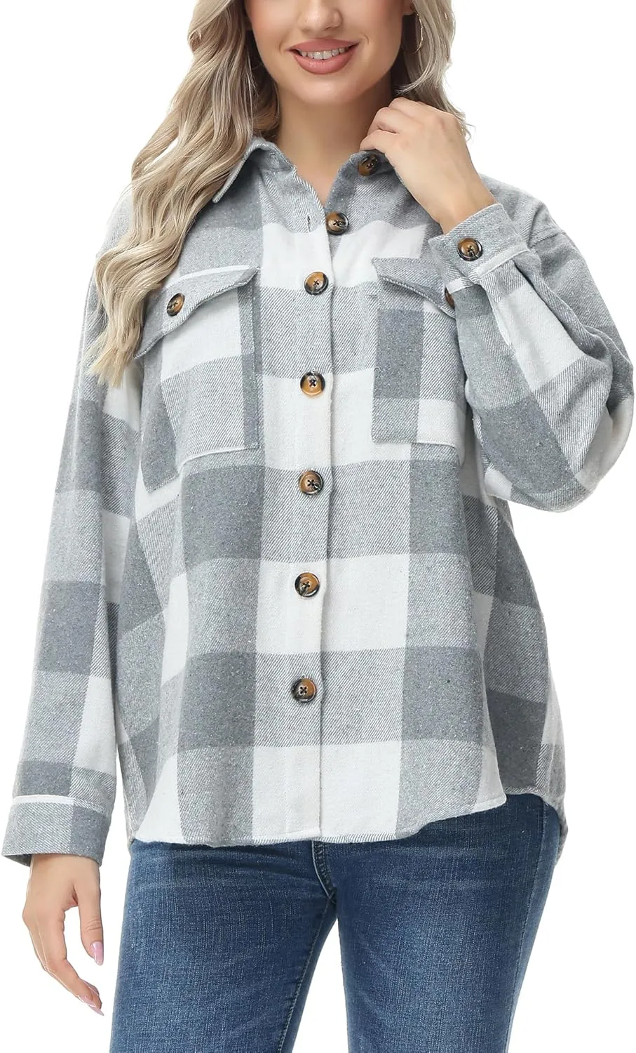 MCEDAR Women's Oversizes Plaid Shacket Jacket Casual Lapel Long Sleeve Button Down Plus Size Flannel Shirt (S-4X)