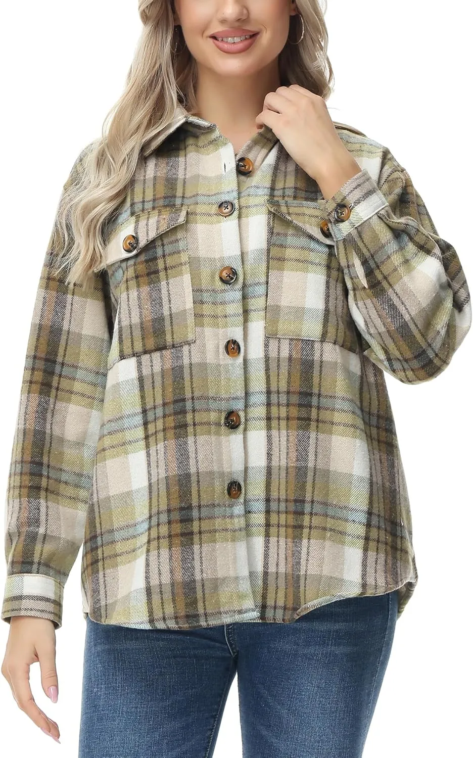 MCEDAR Women's Oversizes Plaid Shacket Jacket Casual Lapel Long Sleeve Button Down Plus Size Flannel Shirt (S-4X)