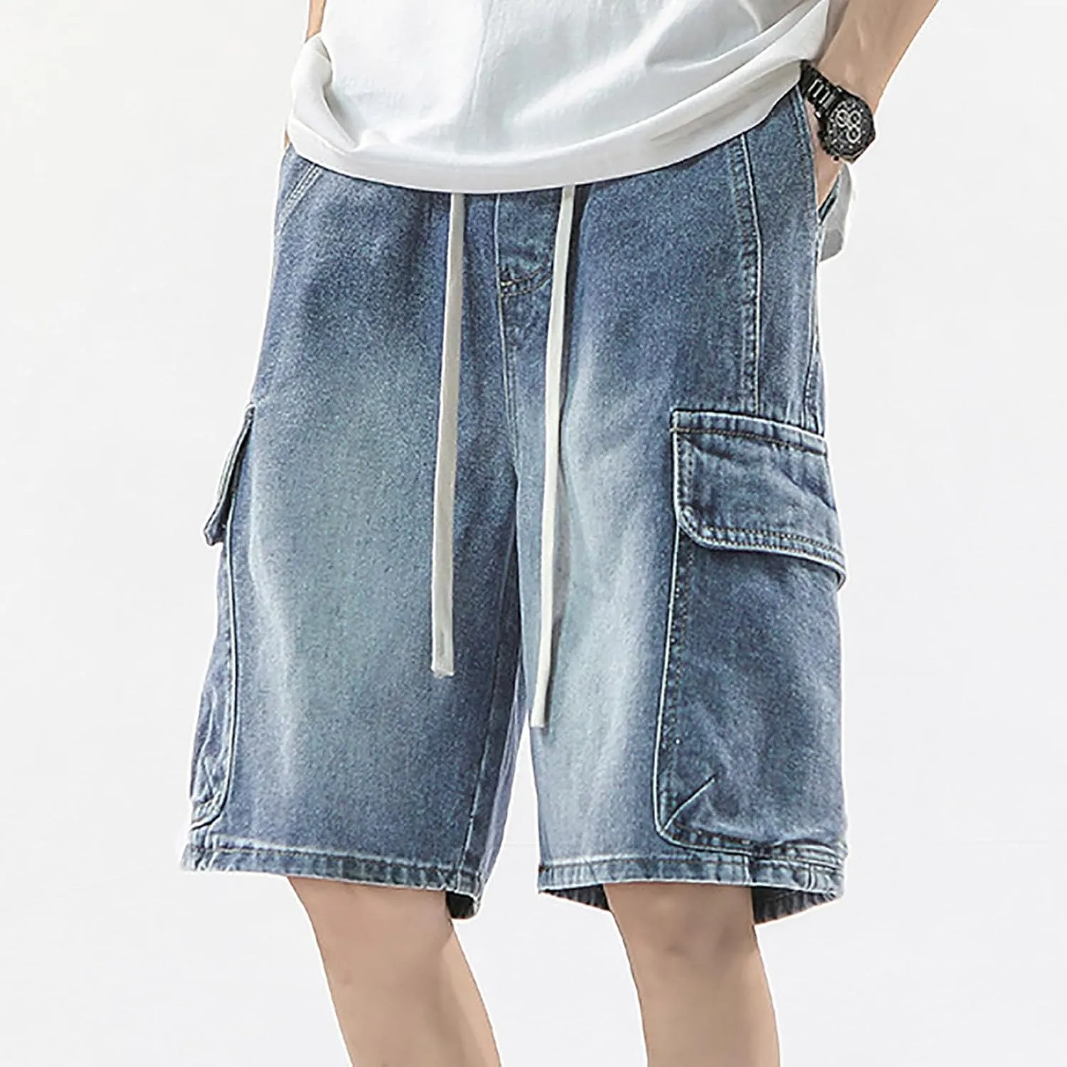 Men Baggy Denim Jorts Y2K Grunge Loose Fit Hip Hop Jean Shorts Casual Long Jeans with Pockets Streetwear
