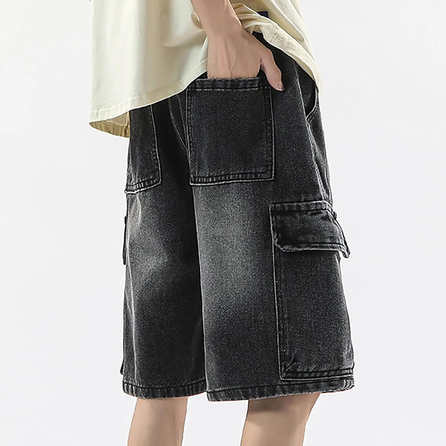 Men Baggy Denim Jorts Y2K Grunge Loose Fit Hip Hop Jean Shorts Casual Long Jeans with Pockets Streetwear
