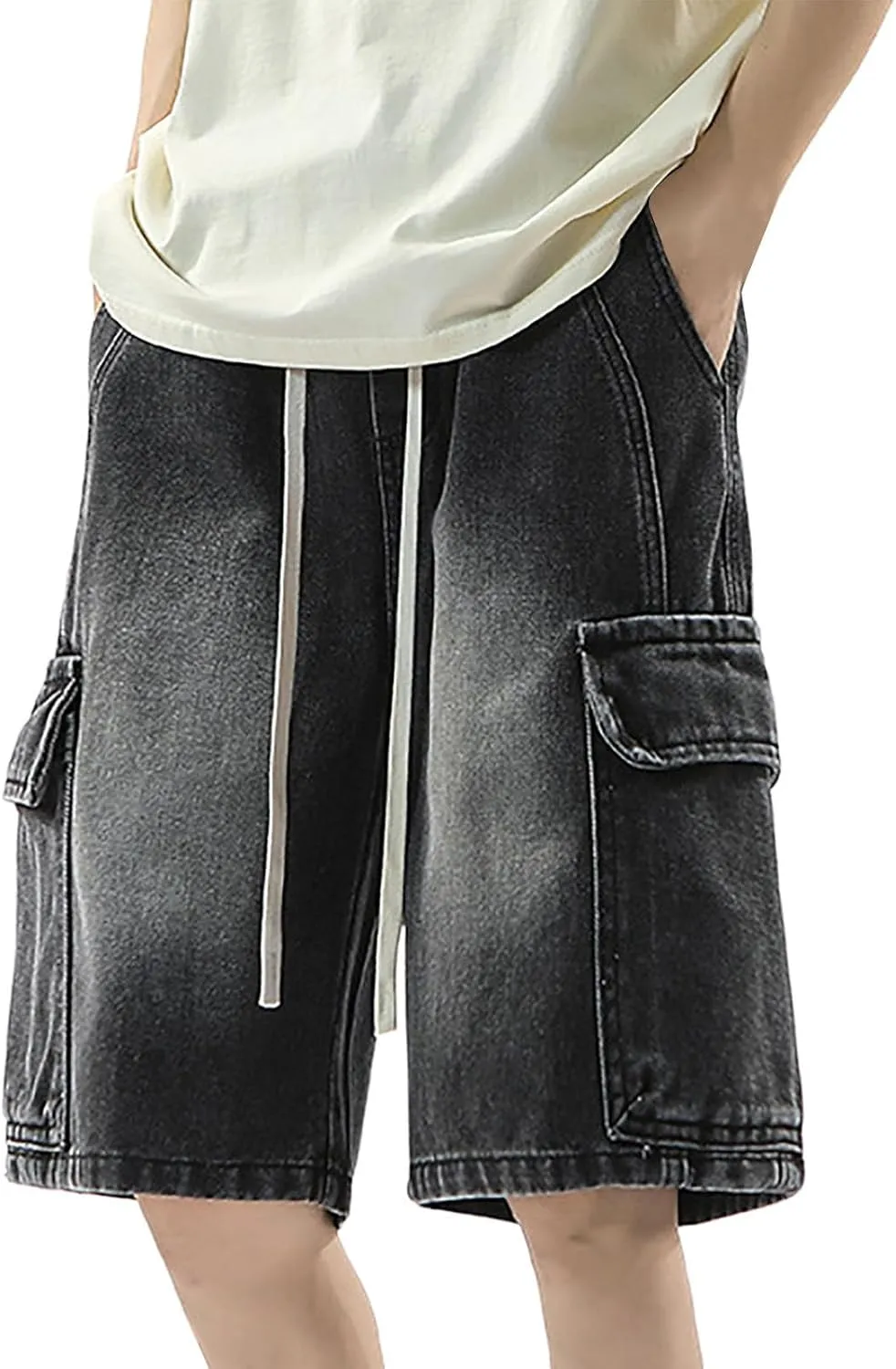 Men Baggy Denim Jorts Y2K Grunge Loose Fit Hip Hop Jean Shorts Casual Long Jeans with Pockets Streetwear