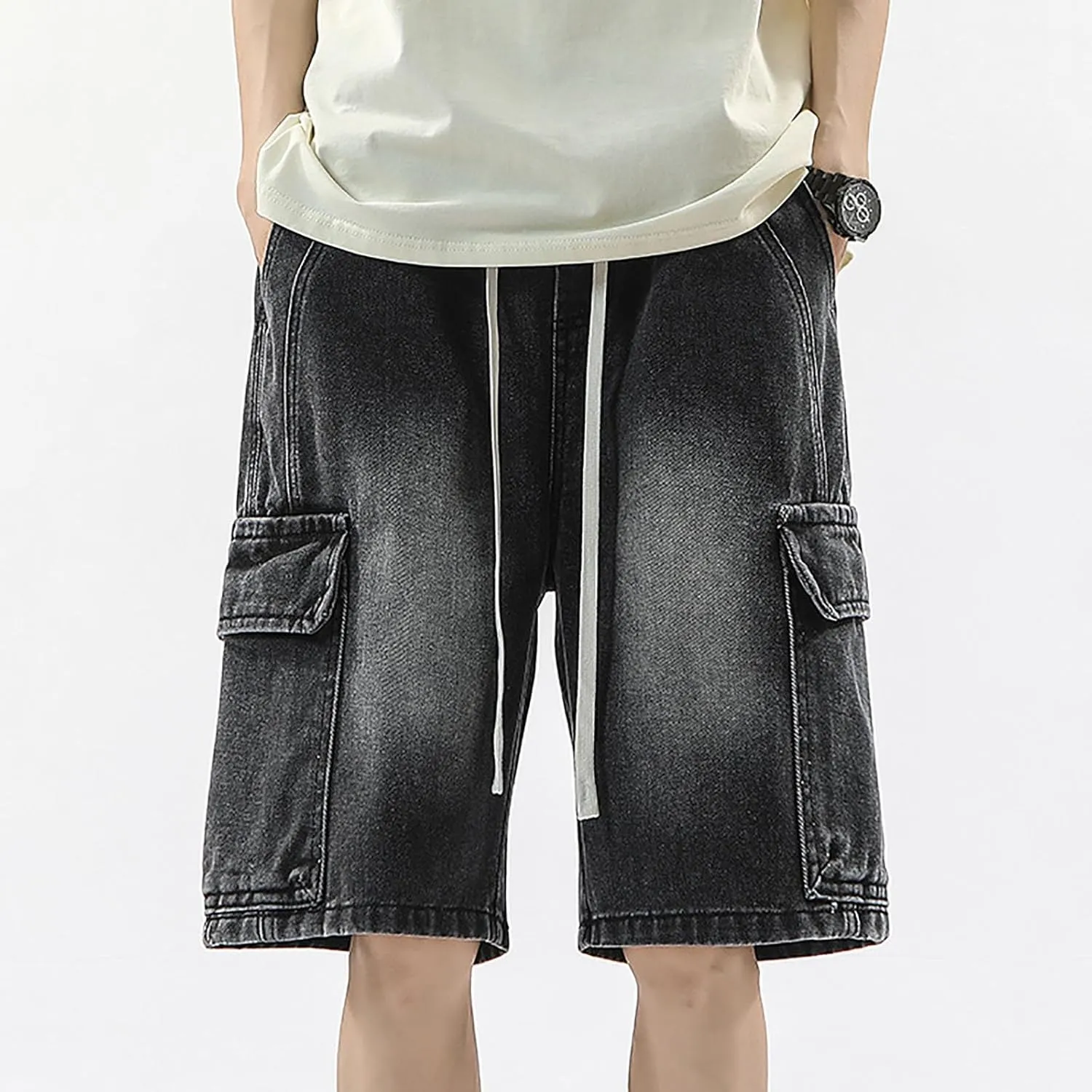Men Baggy Denim Jorts Y2K Grunge Loose Fit Hip Hop Jean Shorts Casual Long Jeans with Pockets Streetwear