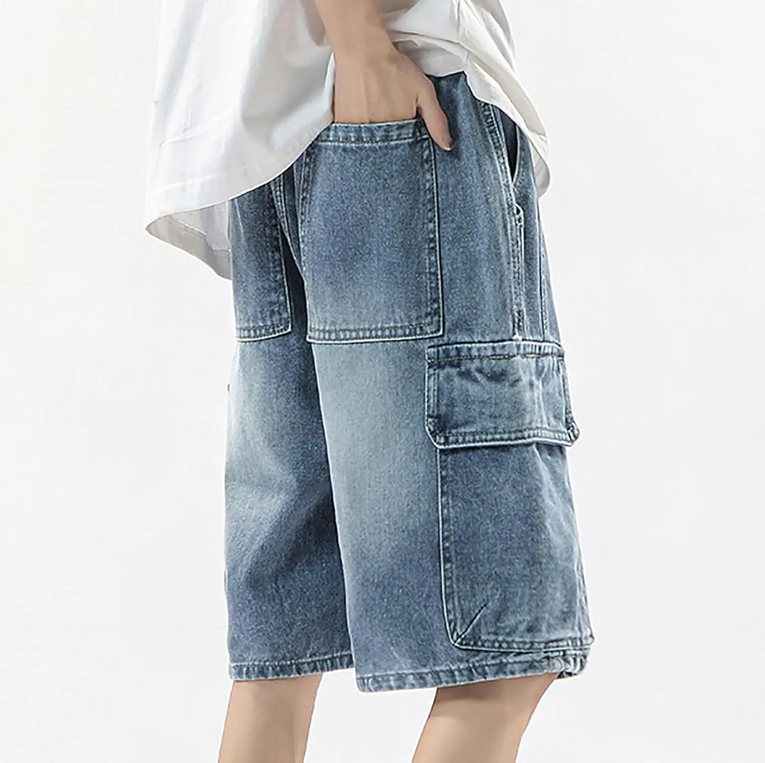 Men Baggy Denim Jorts Y2K Grunge Loose Fit Hip Hop Jean Shorts Casual Long Jeans with Pockets Streetwear