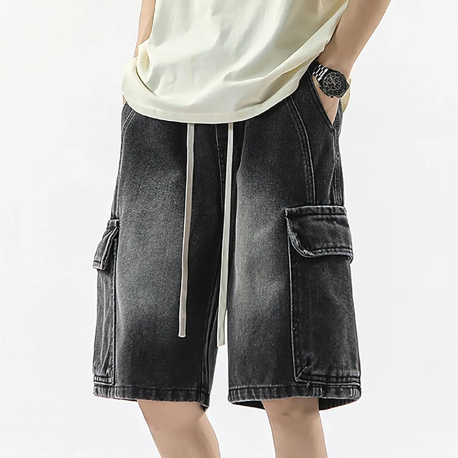Men Baggy Denim Jorts Y2K Grunge Loose Fit Hip Hop Jean Shorts Casual Long Jeans with Pockets Streetwear